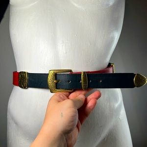 Vintage Brighton Multi-Color Leather Belt Brass Buckle Rosettes